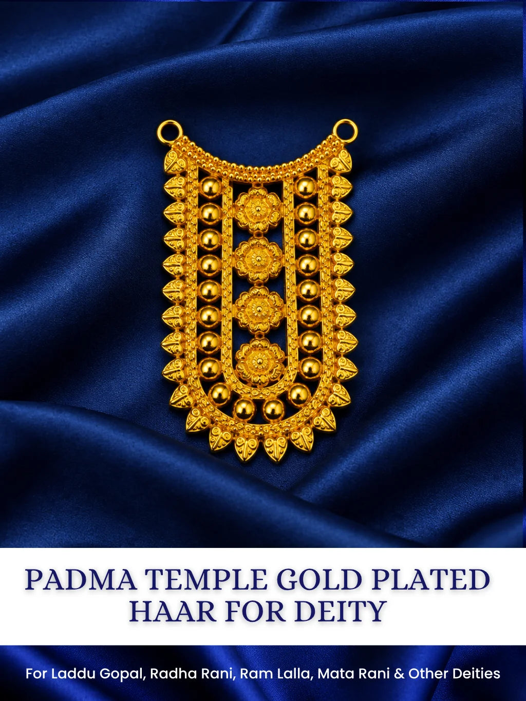 Padma Temple Gold Plated Haar for Deity featuring lotus-inspired detailing and a rich temple-style golden finish. Ideal for Laddu Gopal and festive shringar.
