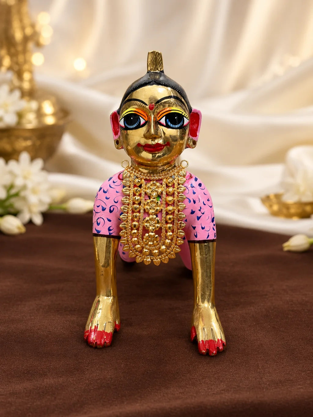 Padma Temple Gold Plated Haar for Deity featuring lotus-inspired detailing and a rich temple-style golden finish. Ideal for Laddu Gopal and festive shringar.
