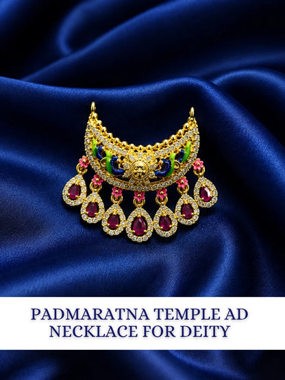 Padmaratna Temple AD Necklace for deity with Surya motif, colourful peacocks, magenta drop stones and sparkling AD work