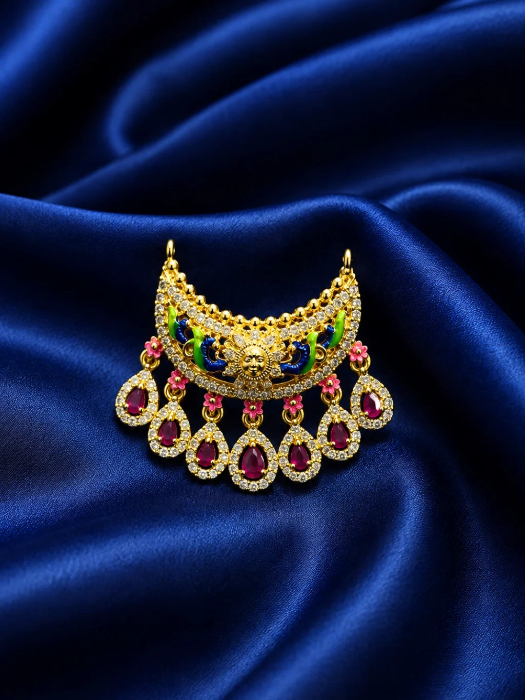 Padmaratna Temple AD Necklace for deity with Surya motif, colourful peacocks, magenta drop stones and sparkling AD work