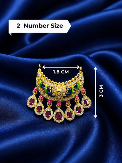 Padmaratna Temple AD Necklace for deity with Surya motif, colourful peacocks, magenta drop stones and sparkling AD work