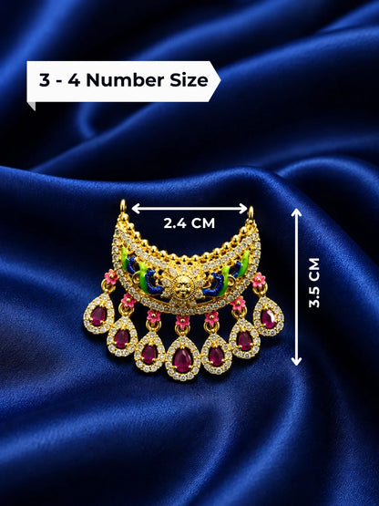 Padmaratna Temple AD Necklace for deity with Surya motif, colourful peacocks, magenta drop stones and sparkling AD work