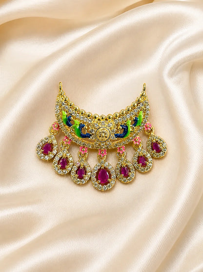 Padmaratna Temple AD Necklace for deity with Surya motif, colourful peacocks, magenta drop stones and sparkling AD work