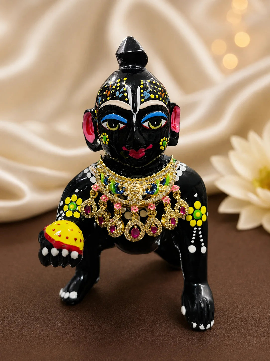 Padmaratna Temple AD Necklace for deity with Surya motif, colourful peacocks, magenta drop stones and sparkling AD work