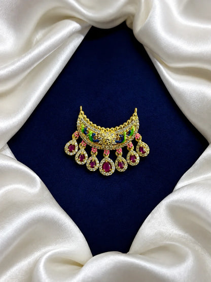 Padmaratna Temple AD Necklace for deity with Surya motif, colourful peacocks, magenta drop stones and sparkling AD work