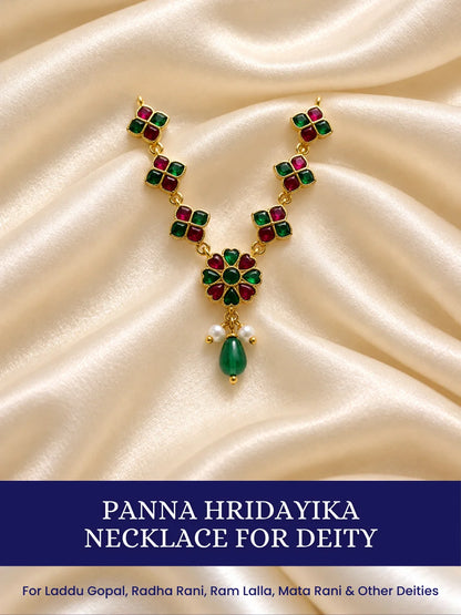 Panna Hridayika Necklace for Deity featuring emerald-green inspired heart design ornamentation for Laddu Gopal, Radha Rani and traditional Krishna Ji shringar.
