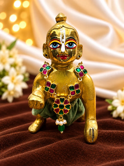 Panna Hridayika Necklace for Deity featuring emerald-green inspired heart design ornamentation for Laddu Gopal, Radha Rani and traditional Krishna Ji shringar.
