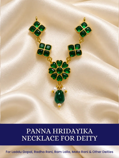 Panna Hridayika Necklace for Deity featuring emerald-green inspired heart design ornamentation for Laddu Gopal, Radha Rani and traditional Krishna Ji shringar.
