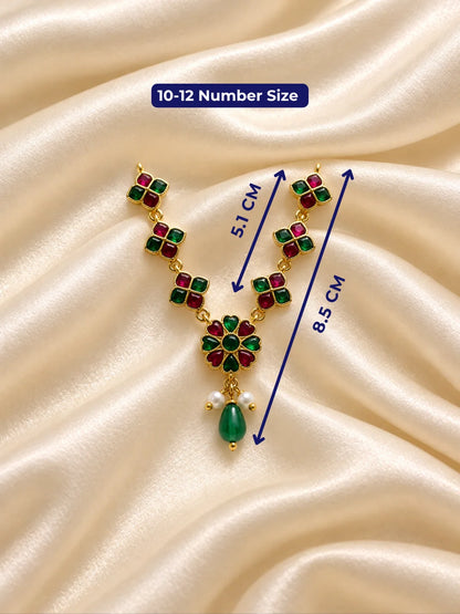 Panna Hridayika Necklace for Deity featuring emerald-green inspired heart design ornamentation for Laddu Gopal, Radha Rani and traditional Krishna Ji shringar.
