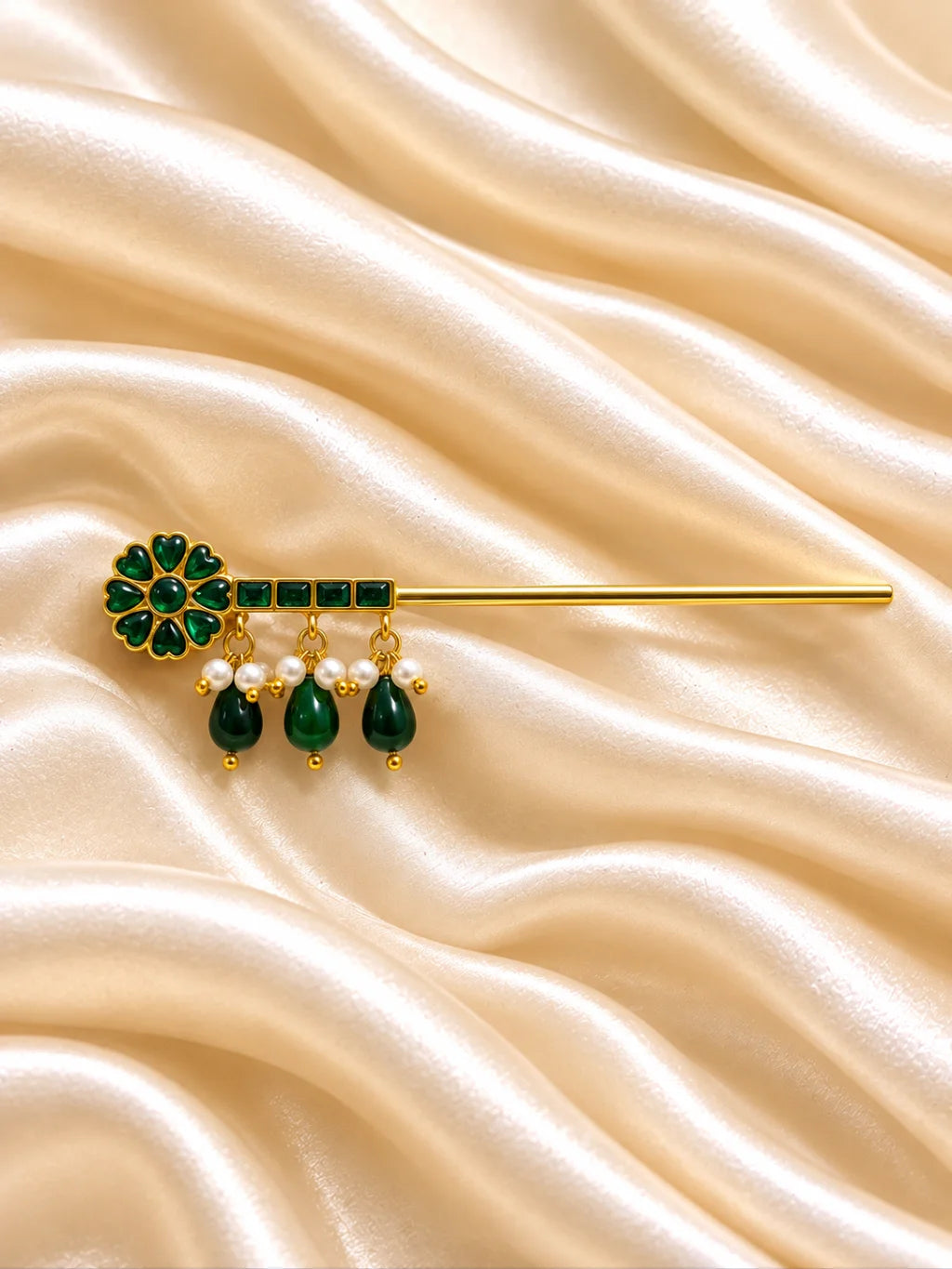 Panna Kusum Necklace and Bansuri Set for Deity featuring emerald-green inspired floral jewellery and a matching decorative Krishna flute for Laddu Gopal shringar
