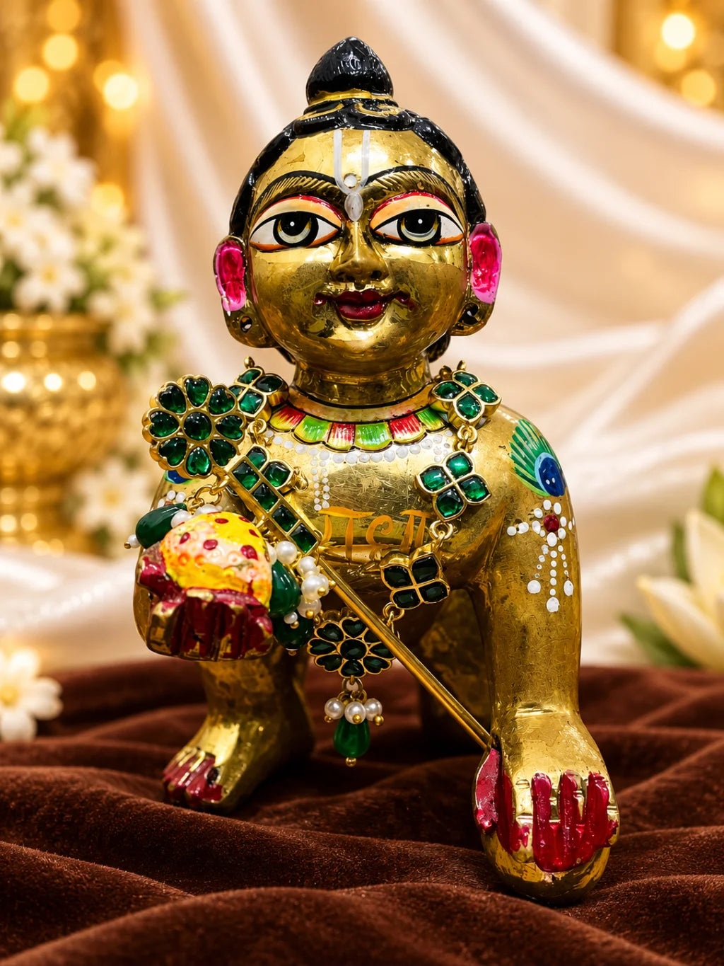 Panna Kusum Necklace and Bansuri Set for Deity featuring emerald-green inspired floral jewellery and a matching decorative Krishna flute for Laddu Gopal shringar
