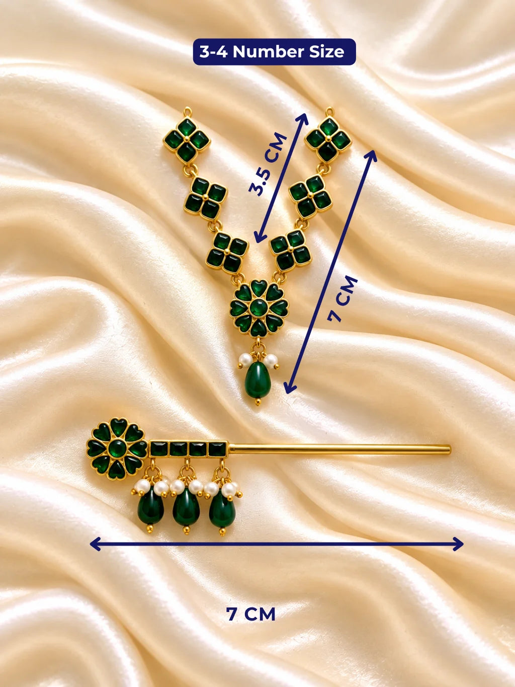 Panna Kusum Necklace and Bansuri Set for Deity featuring emerald-green inspired floral jewellery and a matching decorative Krishna flute for Laddu Gopal shringar
