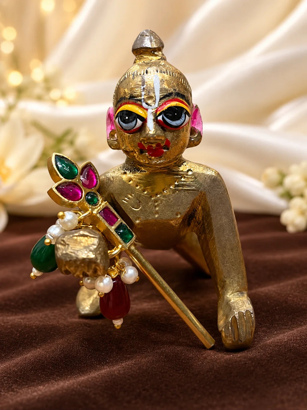 Panna Mukta Pallavi Bansuri for Deity featuring emerald-green and pearl-inspired decorative accents with delicate botanical styling for Laddu Gopal and Krishna Ji shringar.
