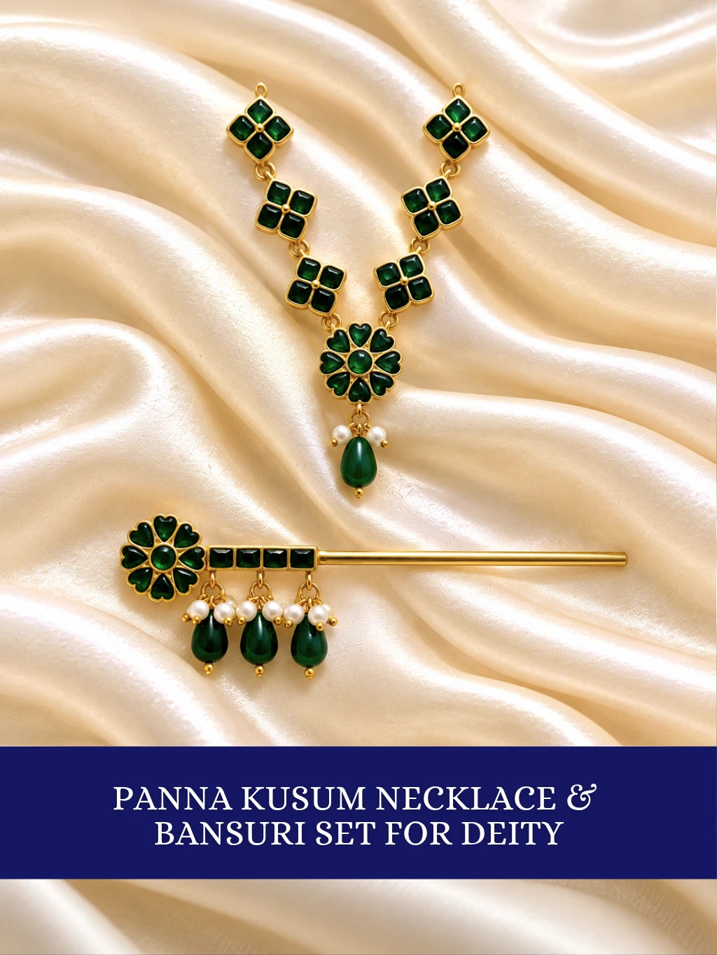 Panna Kusum Necklace and Bansuri Set for Deity featuring emerald-green inspired floral jewellery and a matching decorative Krishna flute for Laddu Gopal shringar
