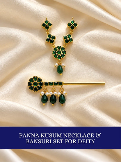 Panna Kusum Necklace and Bansuri Set for Deity featuring emerald-green inspired floral jewellery and a matching decorative Krishna flute for Laddu Gopal shringar
