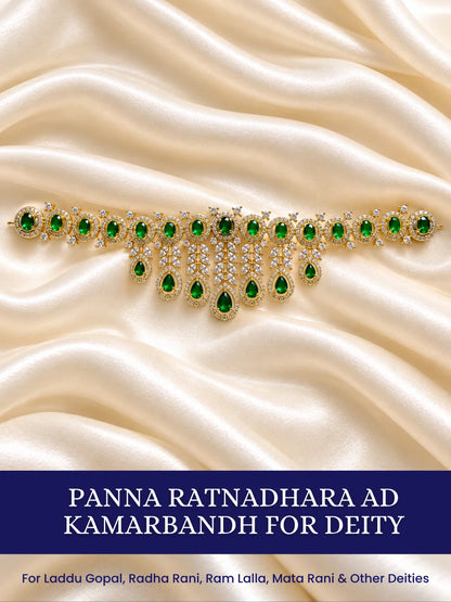 Panna Ratnadhara AD Kamarbandh for Deity featuring emerald-green inspired jewel detailing and sparkling American Diamond work for traditional deity waist shringar

