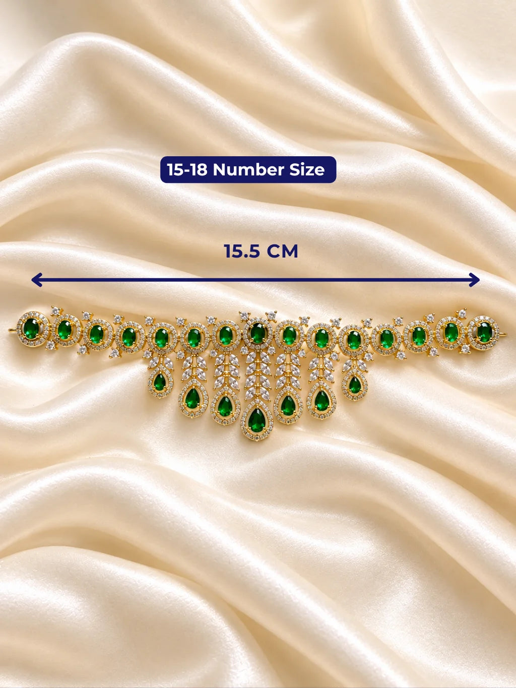 Panna Ratnadhara AD Kamarbandh for Deity featuring emerald-green inspired jewel detailing and sparkling American Diamond work for traditional deity waist shringar
