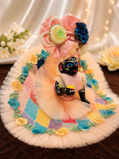 Deity Wearing Shimmering Pink Diamond Sequin Laddu Gopal Dress with Butterfly Pearl Pagdi Shringar