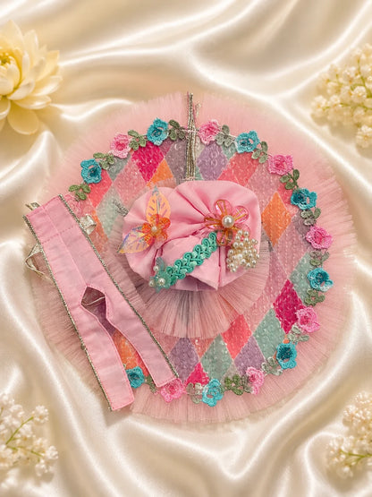 Complete Blossom Pink Diamond Sequin Laddu Gopal Dress Set with Matching Patka and Turban


