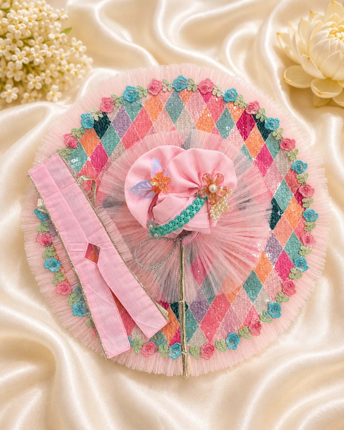 Complete Blossom Pink Diamond Sequin Laddu Gopal Dress Set with Matching Patka and Turban

