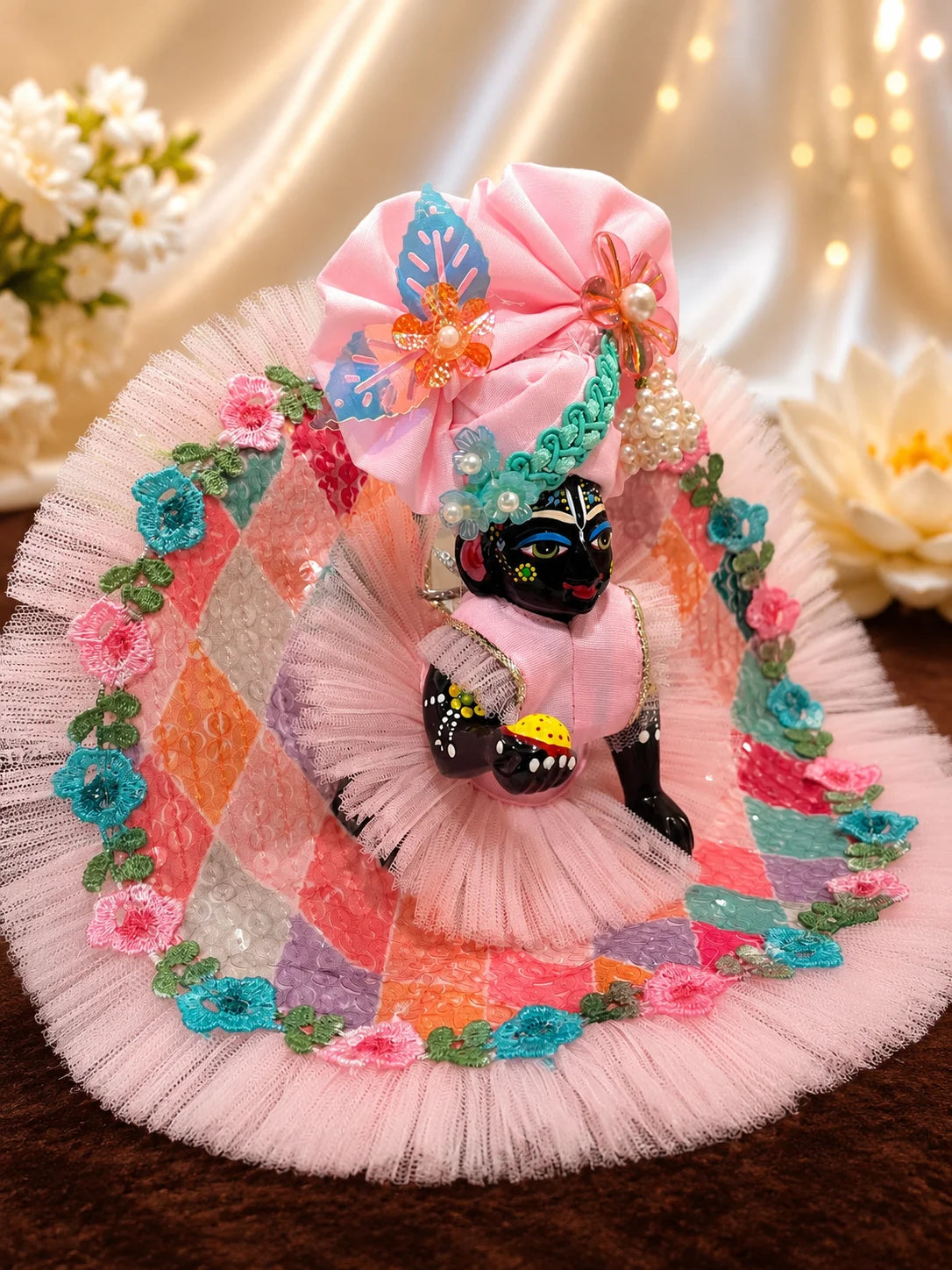 Deity Wearing Shimmering Pink Diamond Sequin Laddu Gopal Dress with Butterfly Pearl Pagdi Shringar