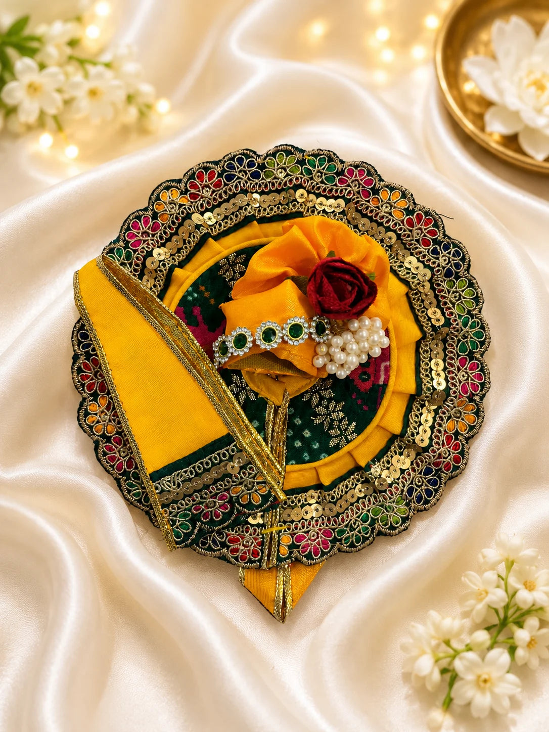 Traditional Green and Yellow Patola Print Laddu Gopal Poshak Set with Sequin Lace Border Flatlay