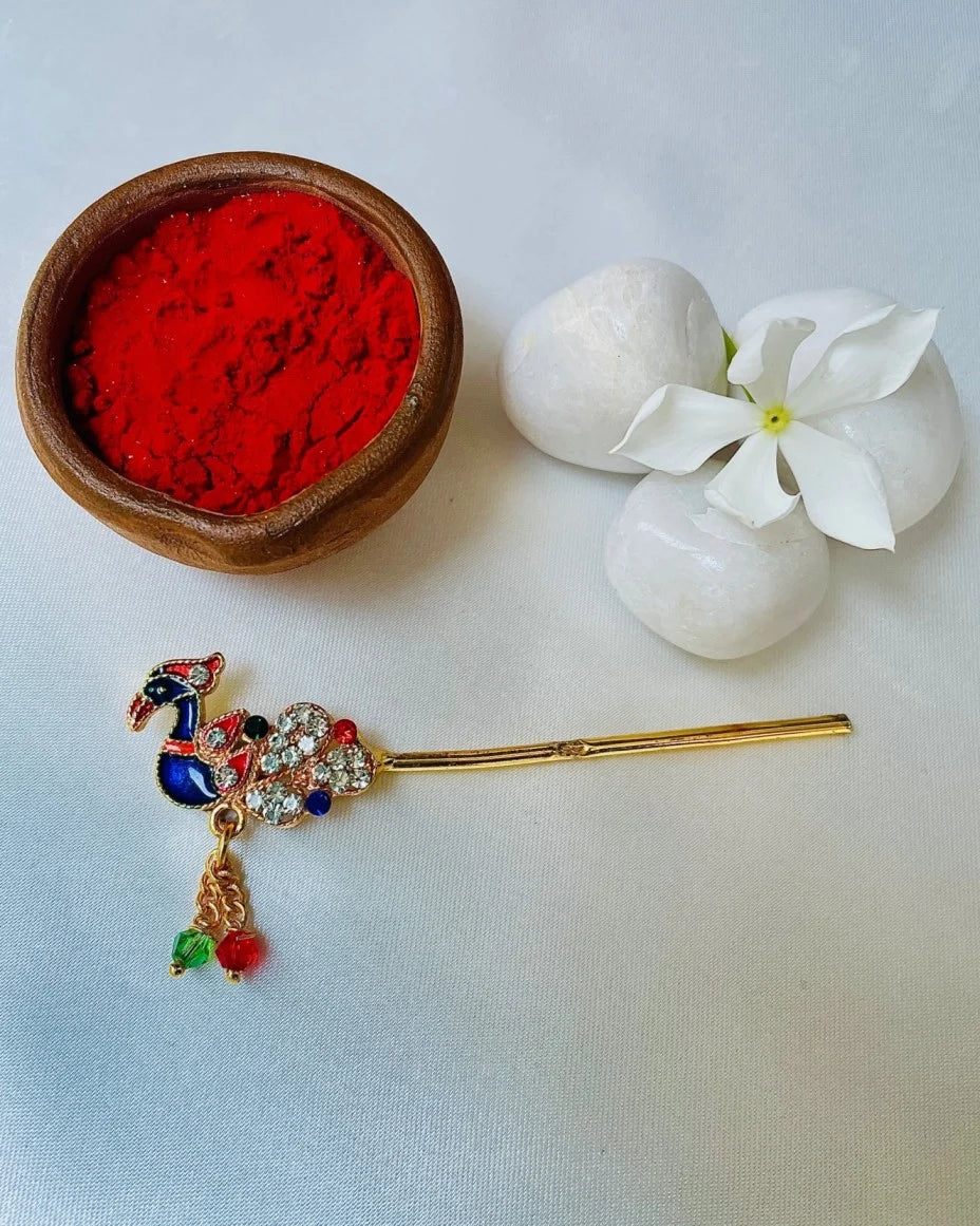 Laddu Gopal Bansuri with peacock head and multicolor crystals – divine flute for Krishna idol decoration.