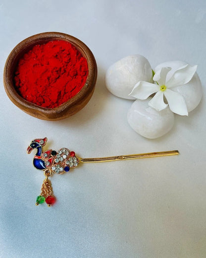 Laddu Gopal Bansuri with peacock head and multicolor crystals – divine flute for Krishna idol decoration.