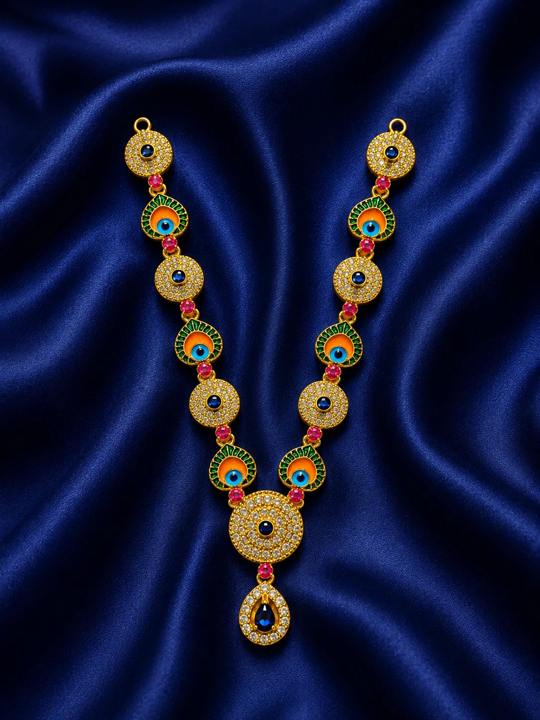 Gold plated traditional peacock feather enamel garland with clear AD crystals for Laddu Gopal