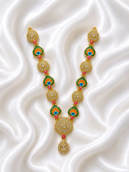 Gold plated traditional peacock feather enamel garland with clear AD crystals for Laddu Gopal