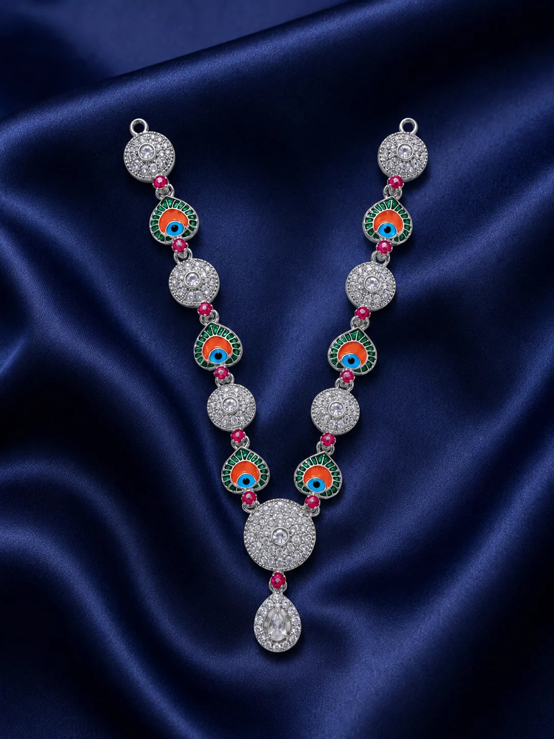 Silver finish peacock eye Meenakari necklace with white American Diamond stones for deity shringar