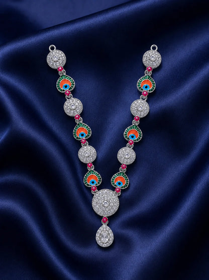 Silver finish peacock eye Meenakari necklace with white American Diamond stones for deity shringar