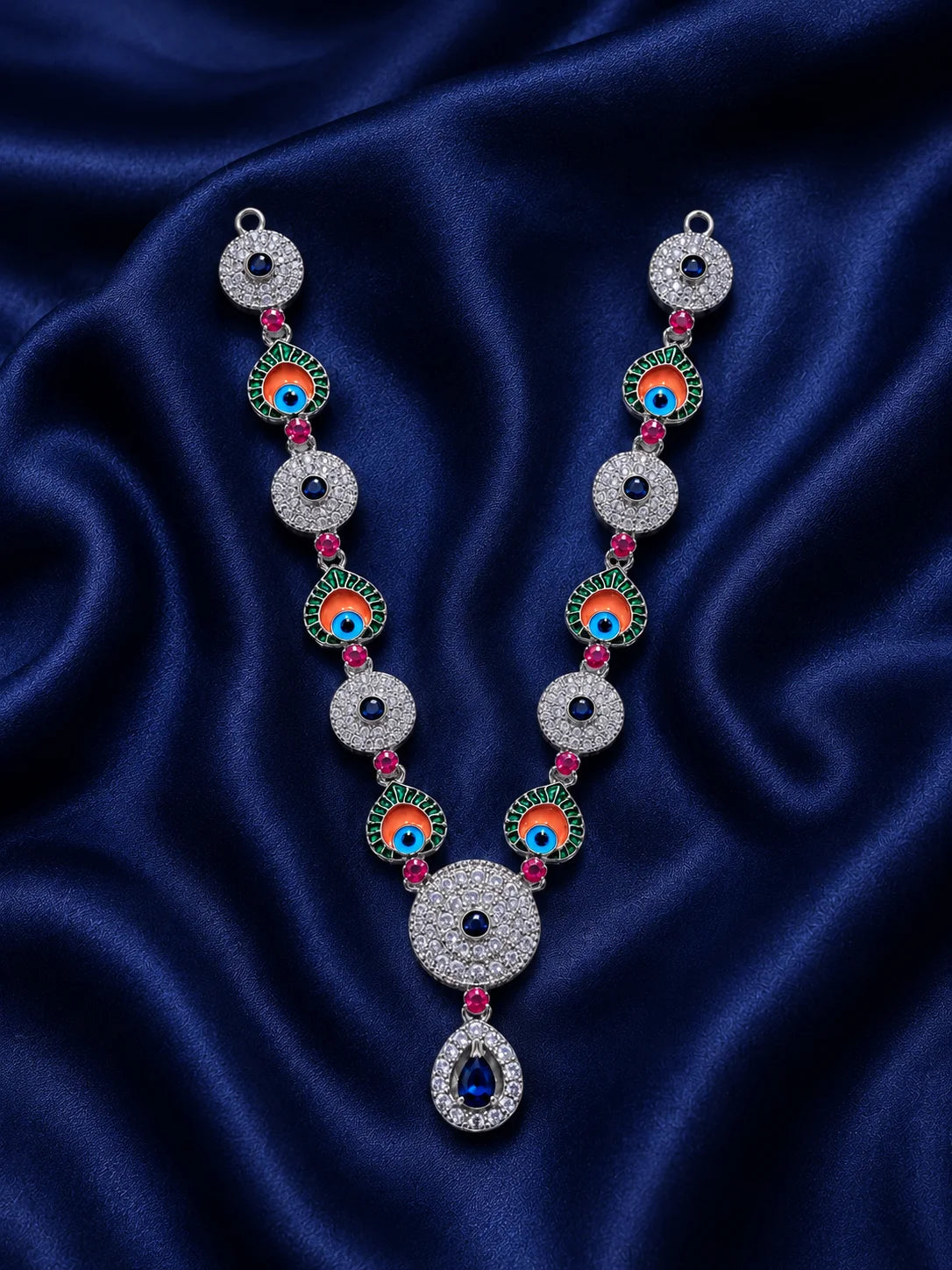 Silver finish peacock eye Meenakari necklace with white American Diamond stones for deity shringar