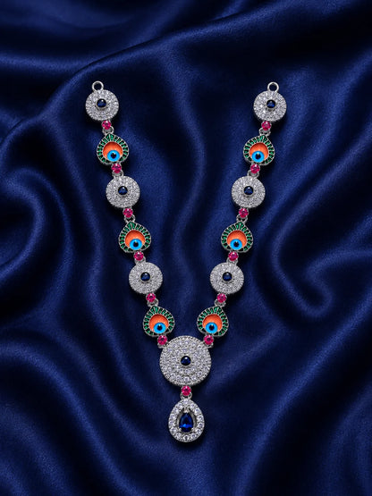 Silver finish peacock eye Meenakari necklace with white American Diamond stones for deity shringar