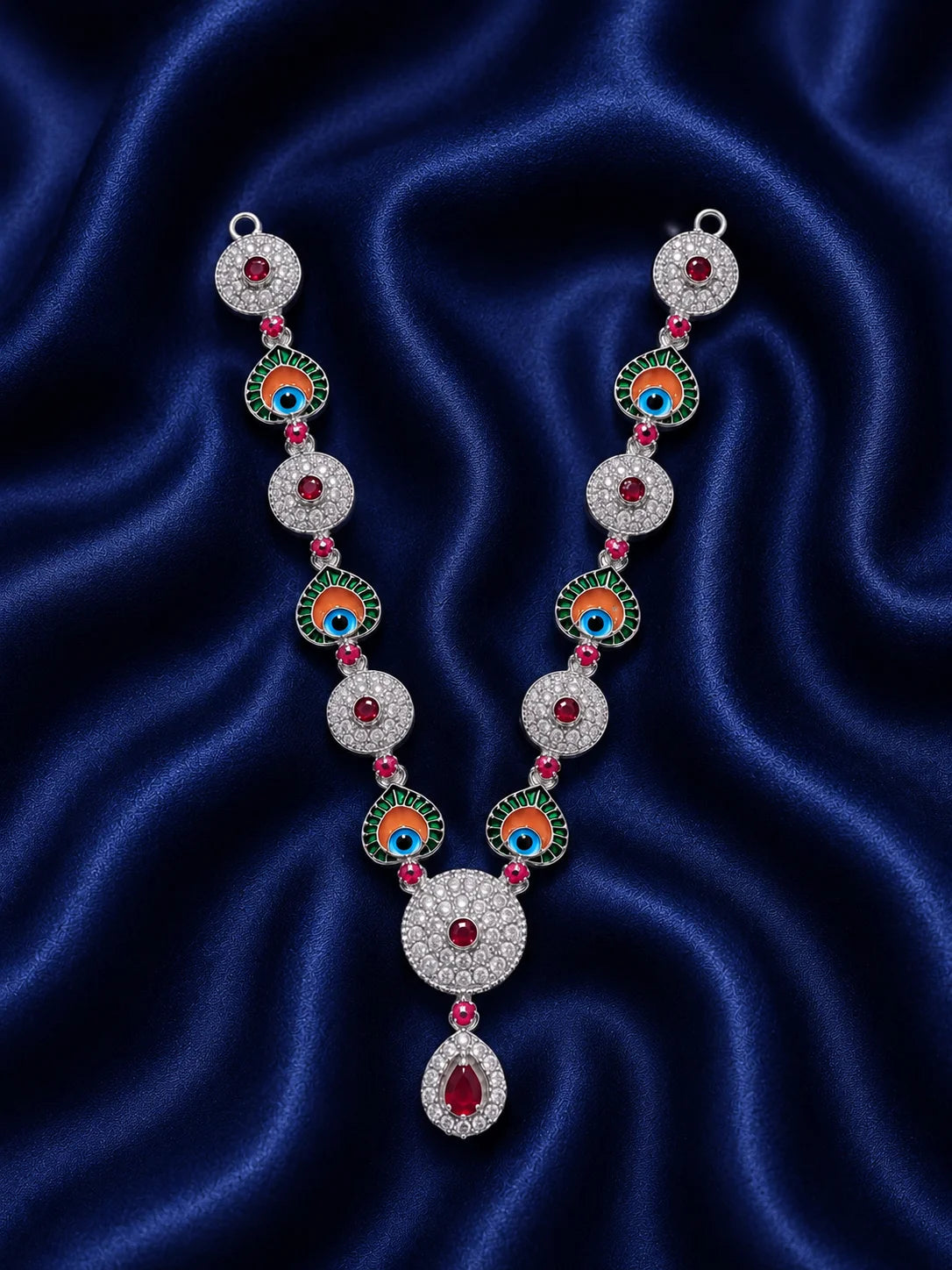 Silver finish peacock eye Meenakari necklace with white American Diamond stones for deity shringar