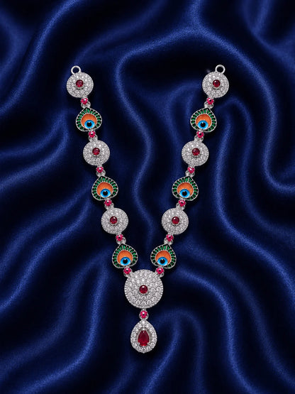 Silver finish peacock eye Meenakari necklace with white American Diamond stones for deity shringar