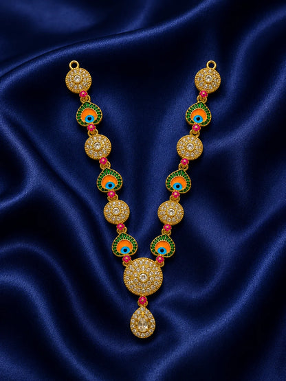 Gold plated traditional peacock feather enamel garland with clear AD crystals for Laddu Gopal