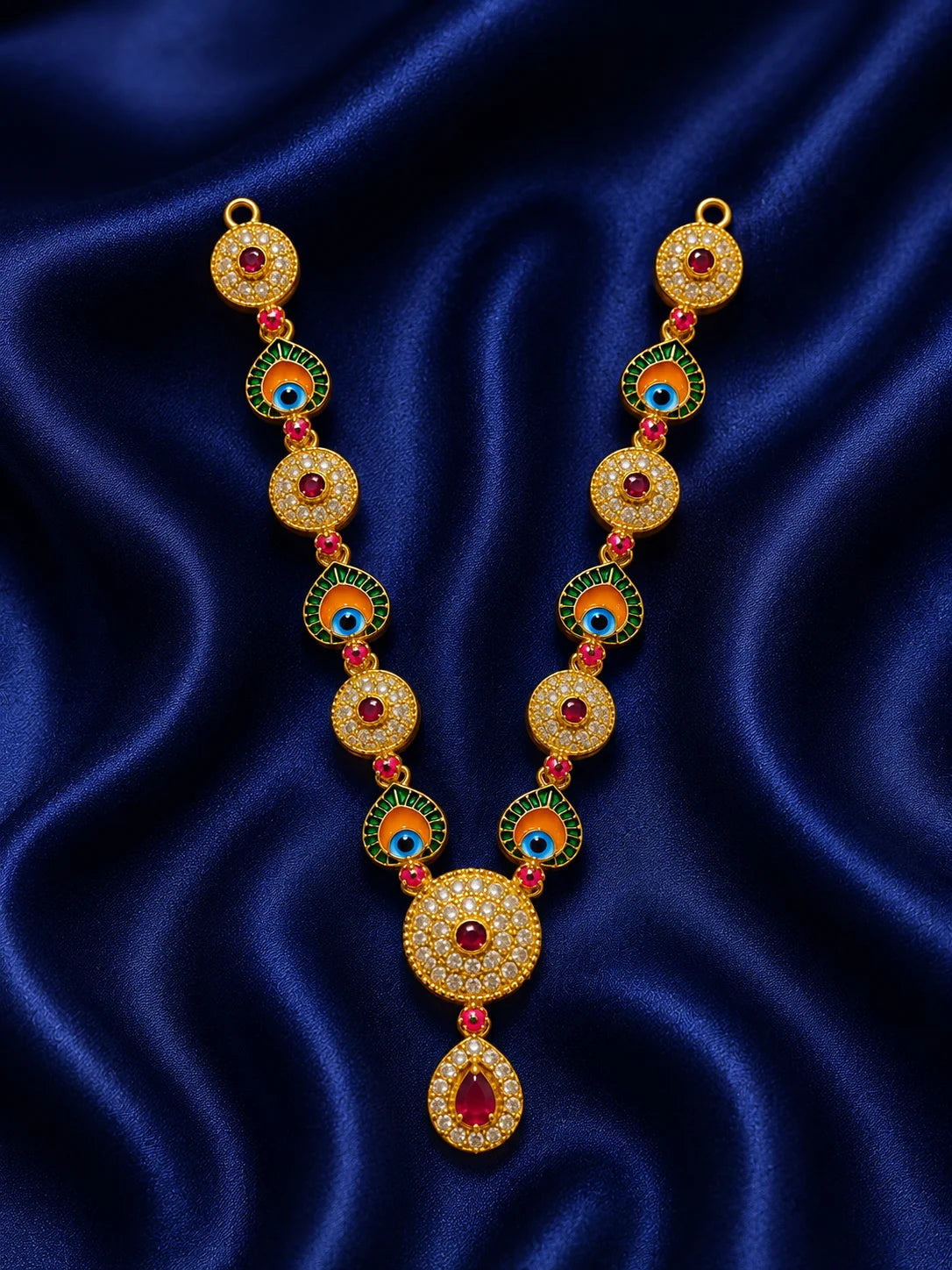 Gold plated traditional peacock feather enamel garland with clear AD crystals for Laddu Gopal