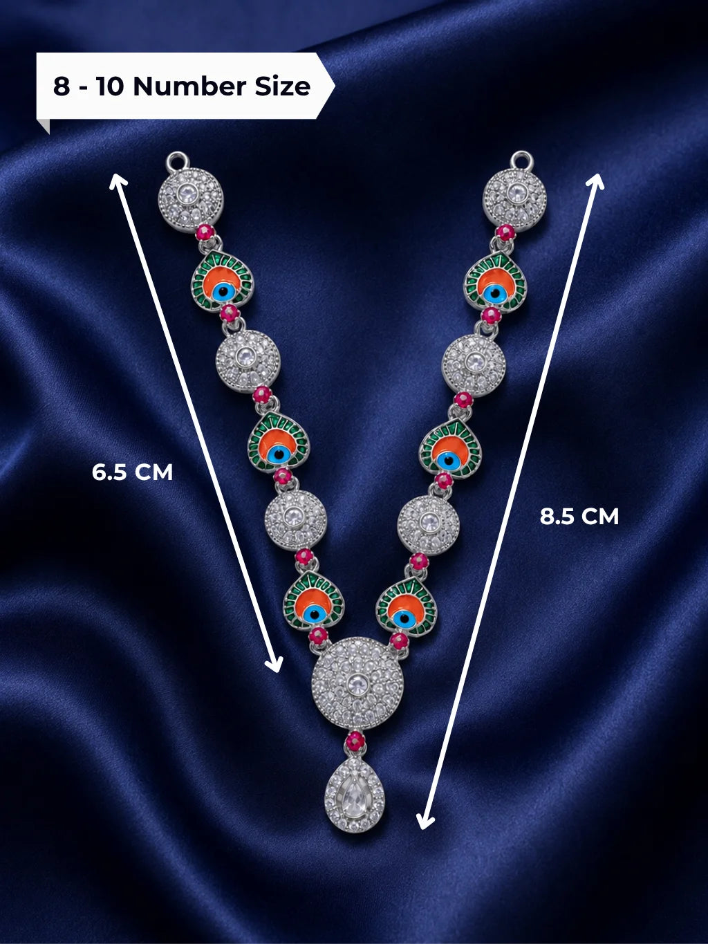 Silver finish peacock eye Meenakari necklace with white American Diamond stones for deity shringar