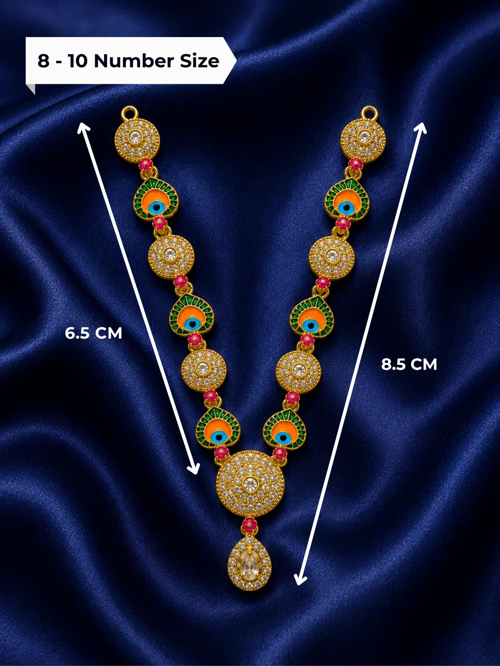 Gold plated traditional peacock feather enamel garland with clear AD crystals for Laddu Gopal