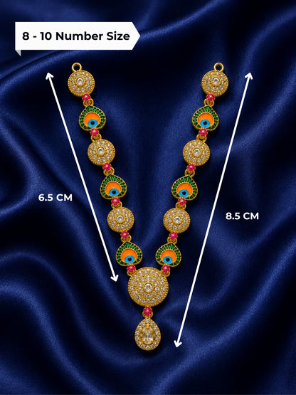 Gold plated traditional peacock feather enamel garland with clear AD crystals for Laddu Gopal