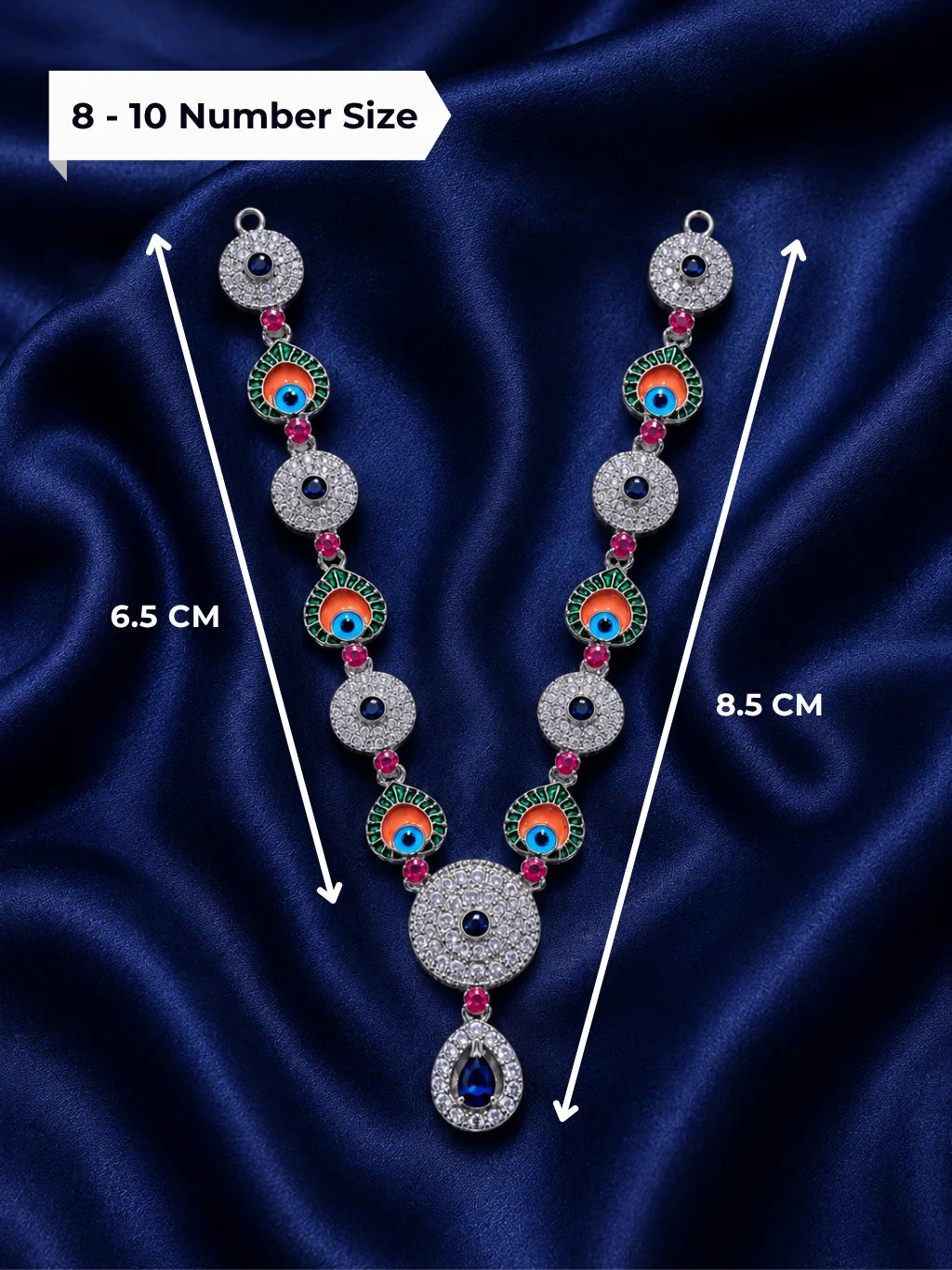 Silver finish peacock eye Meenakari necklace with white American Diamond stones for deity shringar