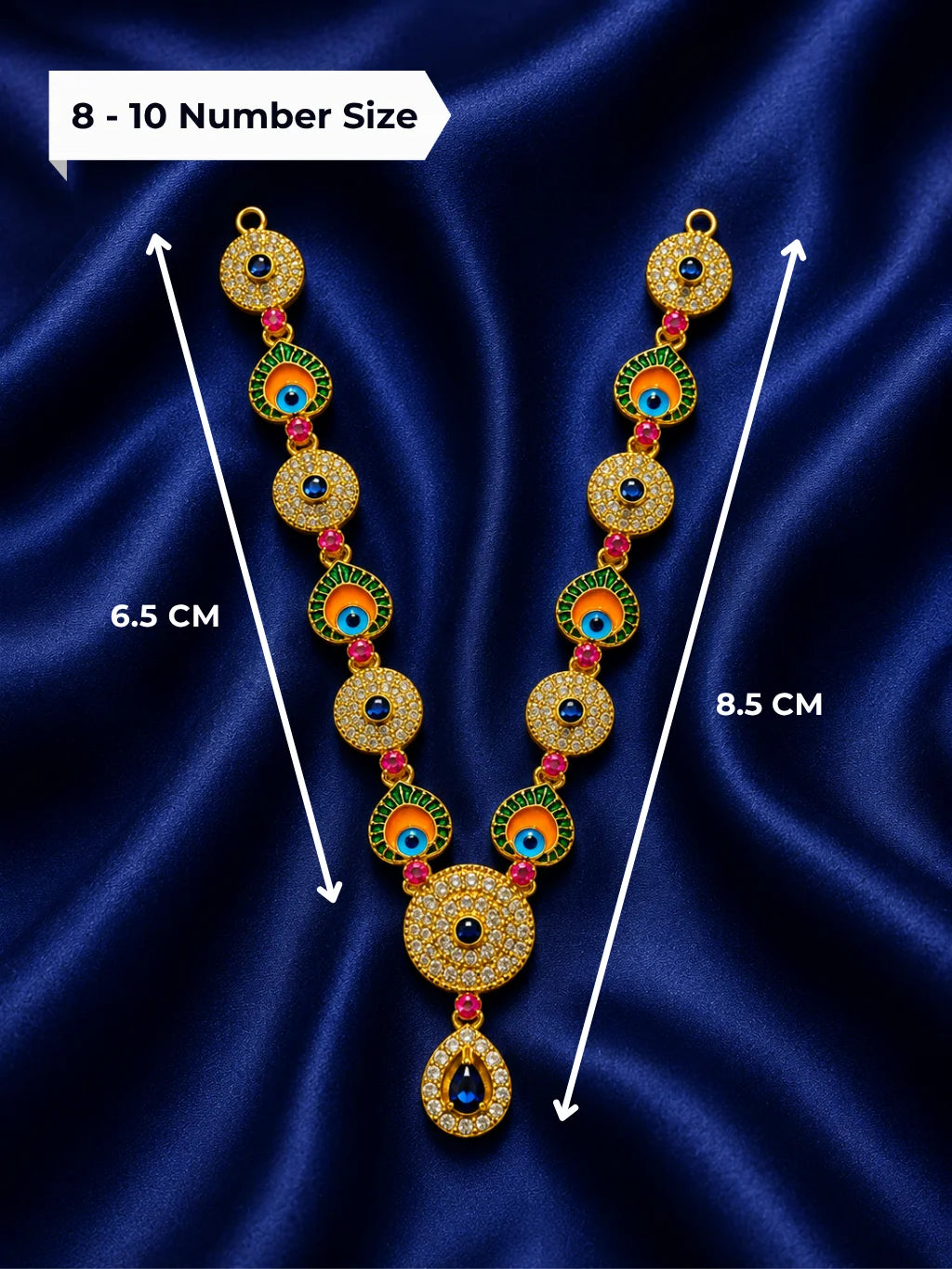 Gold plated traditional peacock feather enamel garland with clear AD crystals for Laddu Gopal