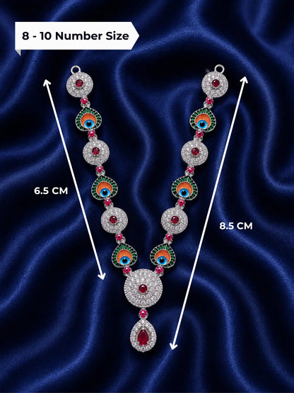 Silver finish peacock eye Meenakari necklace with white American Diamond stones for deity shringar
