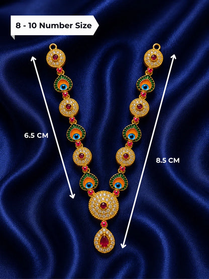 Gold plated traditional peacock feather enamel garland with clear AD crystals for Laddu Gopal