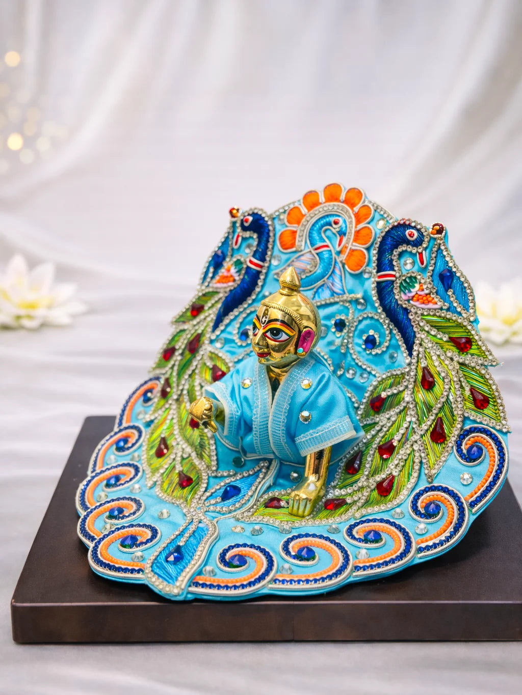 Peacock theme blue stone work Laddu Gopal dress for royal shringar