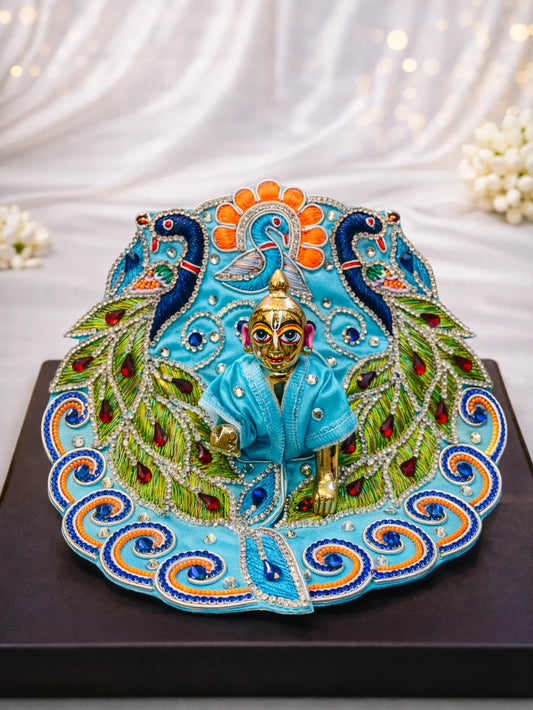 Peacock theme blue stone work Laddu Gopal dress for royal shringar
