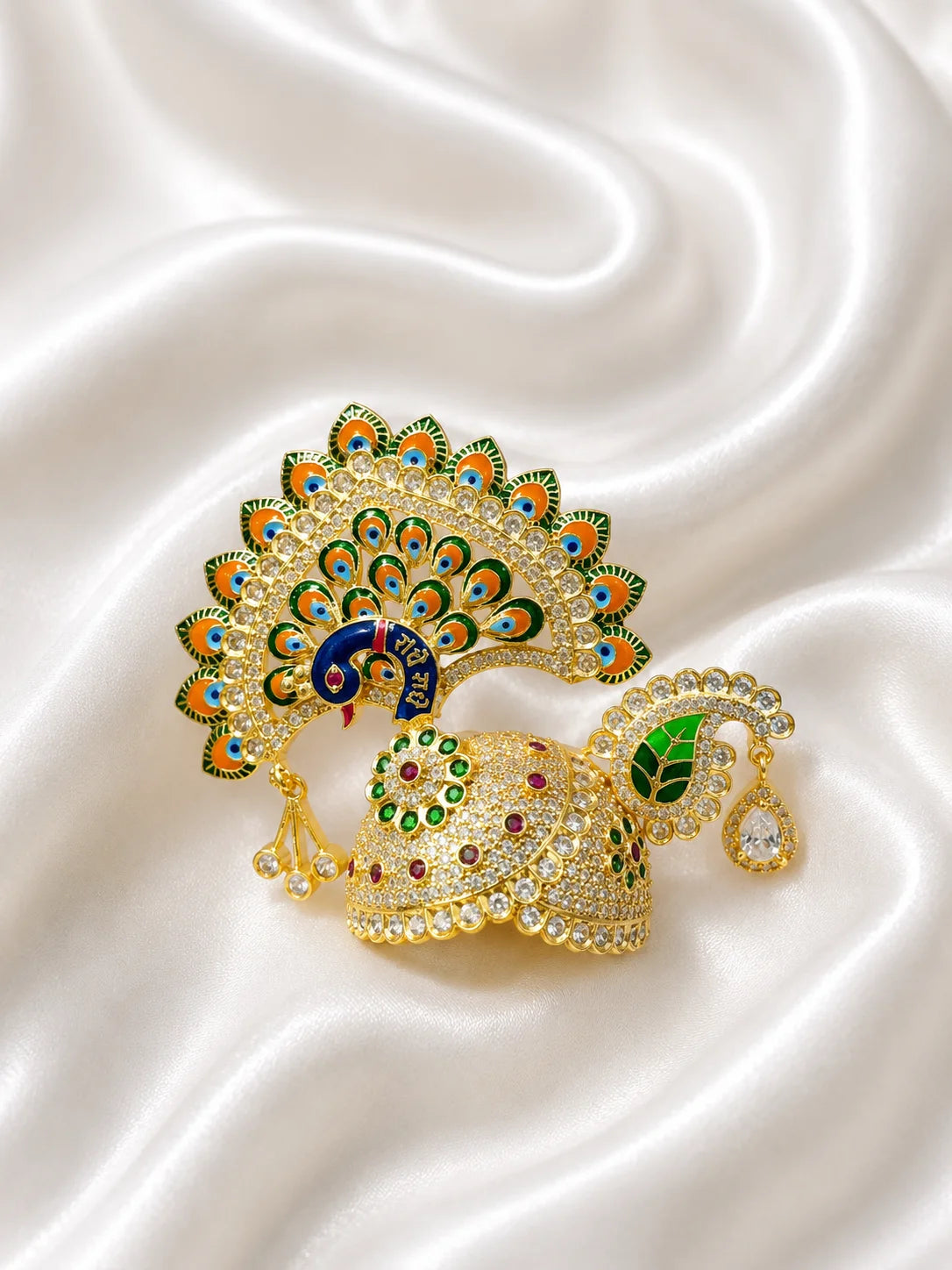 Peacock Utsav AD Mukut for Laddu Gopal with sparkling peacock-inspired AD design
