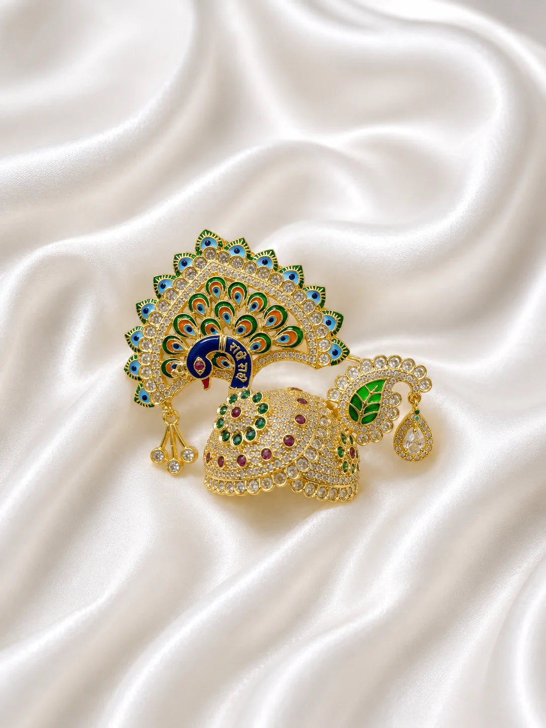 Peacock Utsav AD Mukut for Laddu Gopal with sparkling peacock-inspired AD design