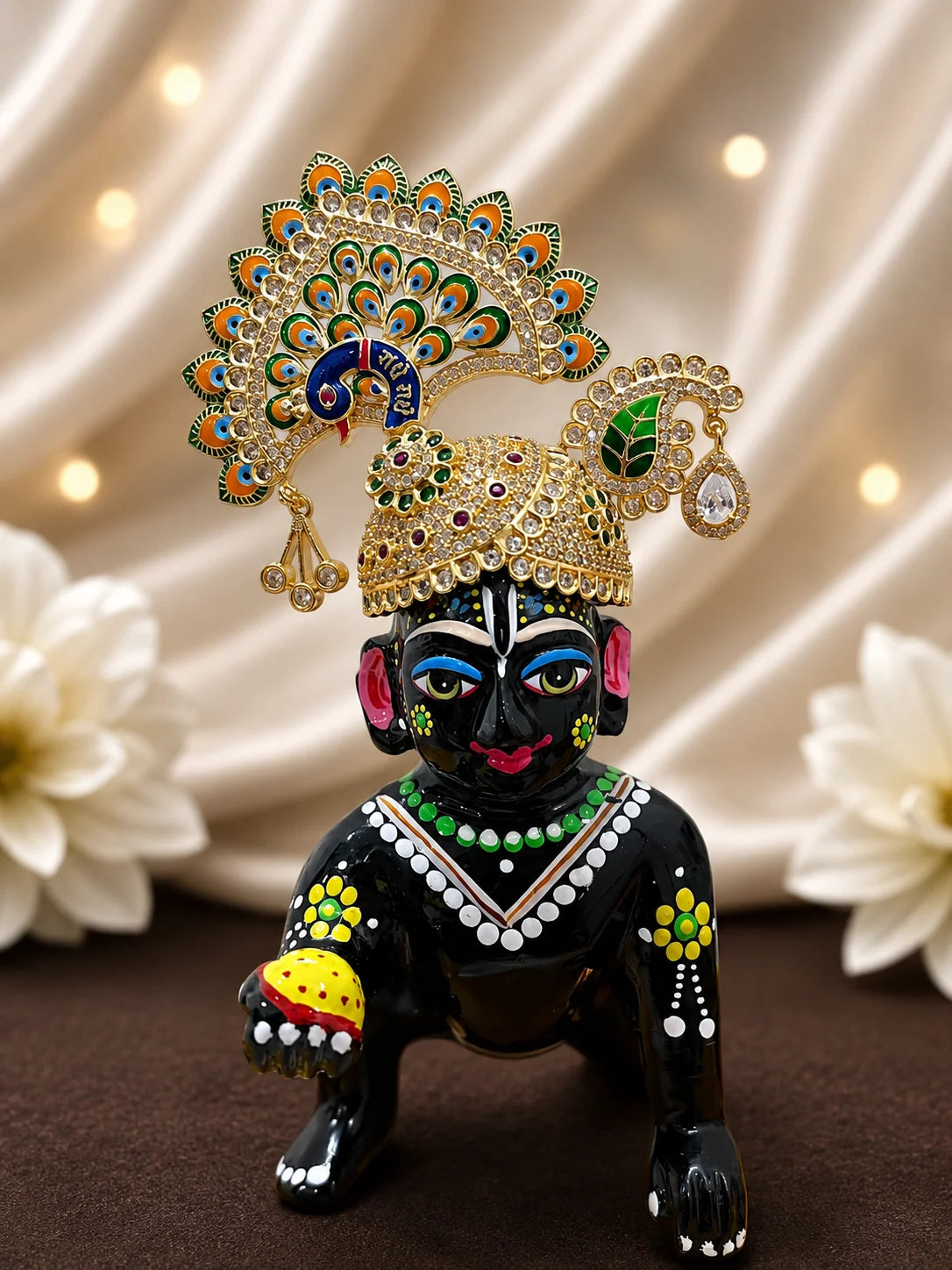 Peacock Utsav AD Mukut for Laddu Gopal with sparkling peacock-inspired AD design